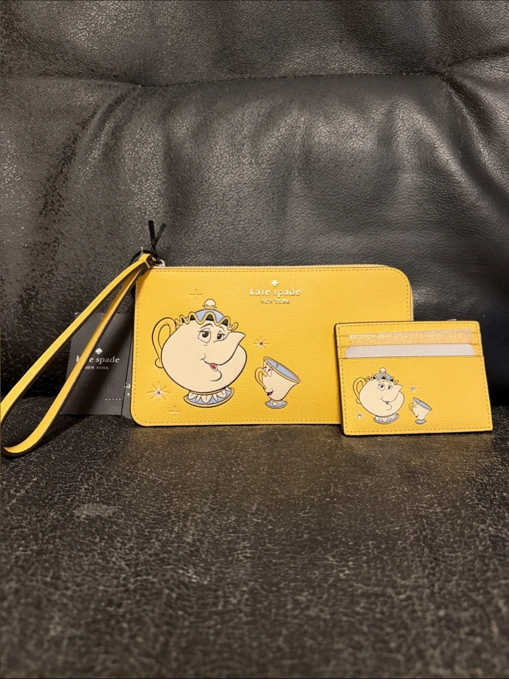kate spade yellow Beauty and the Beast Chip & Mrs. Potts Wristlet Set